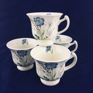 Home Beautiful  BREEZY BLUE  JX102 Floral Footed Stoneware Coffee Tea Cup Set 4